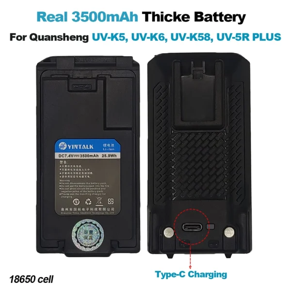 Quansheng 3500mAh Battery for UV-K5 UV-K6 Walkie Talkie Thicke Battery 18650 Cell Type-C Charging UV-K58 UV-5R PLUS Replacement Battery