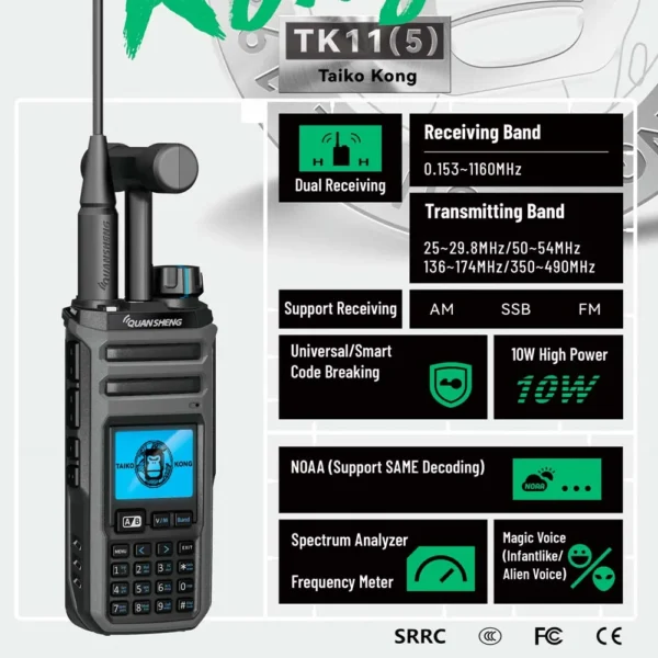 Original Quansheng TK11(5) Taiko kong 10w two way radio VHF&UHF Dual Receiving AM FM Ham dual band radio Magic Voice intercom - Image 2